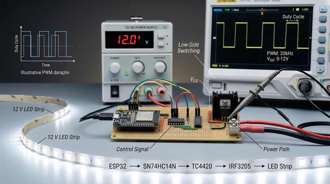 Controle PWM de fita LED de 12 V com ESP32, TC4424, SN74HC14 e IRF3205