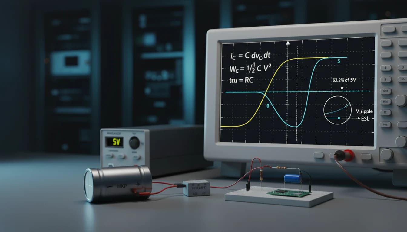 Capacitor no Domínio do Tempo: Carga, Descarga, Energia, ESR e Ripple