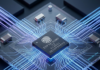 Desvendando os Protocolos de Comunicação do ESP32: Guia Completo para Desenvolvedores IoT Uma renderização de alta tecnologia em close-up de um microcontrolador ESP32 (modelo ESP32-DOWD V3) com marcações de modelo, montado em uma placa de circuito transparente com trilhas de energia LED azuis e roxas brilhantes e sobreposições holográficas futuristas que dizem "NETWORK STATUS: OK"