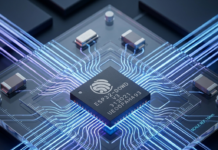 Desvendando os Protocolos de Comunicação do ESP32: Guia Completo para Desenvolvedores IoT Uma renderização de alta tecnologia em close-up de um microcontrolador ESP32 (modelo ESP32-DOWD V3) com marcações de modelo, montado em uma placa de circuito transparente com trilhas de energia LED azuis e roxas brilhantes e sobreposições holográficas futuristas que dizem "NETWORK STATUS: OK"