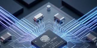 Desvendando os Protocolos de Comunicação do ESP32: Guia Completo para Desenvolvedores IoT Uma renderização de alta tecnologia em close-up de um microcontrolador ESP32 (modelo ESP32-DOWD V3) com marcações de modelo, montado em uma placa de circuito transparente com trilhas de energia LED azuis e roxas brilhantes e sobreposições holográficas futuristas que dizem "NETWORK STATUS: OK"