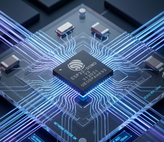 Desvendando os Protocolos de Comunicação do ESP32: Guia Completo para Desenvolvedores IoT Uma renderização de alta tecnologia em close-up de um microcontrolador ESP32 (modelo ESP32-DOWD V3) com marcações de modelo, montado em uma placa de circuito transparente com trilhas de energia LED azuis e roxas brilhantes e sobreposições holográficas futuristas que dizem "NETWORK STATUS: OK"