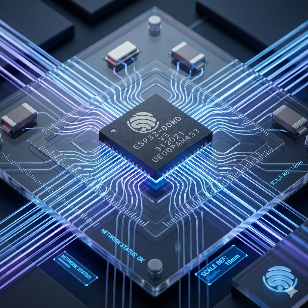 Arquitetura de Conectividade do ESP32: Visualizando Protocolos IoT Uma renderização de alta tecnologia em close-up de um microcontrolador ESP32 (modelo ESP32-DOWD V3) com marcações de modelo, montado em uma placa de circuito transparente com trilhas de energia LED azuis e roxas brilhantes e sobreposições holográficas futuristas que dizem "NETWORK STATUS: OK"